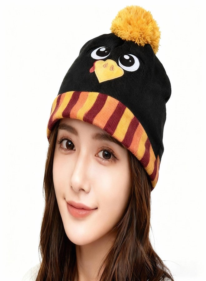 Ankelesz Turkey Pom Pom Beanie Hat Thanksgiving Funny Turkey Hat Knitted Cap for Men Women (US, Alpha, Medium, Large, Black) - Image 3